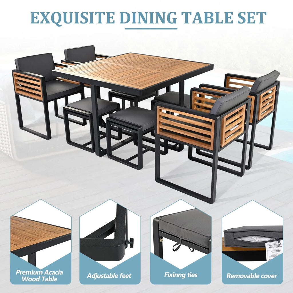 18-teiliges Garten-Esszimmer-Set aus Akazienholz, 8 gepolsterte Stühle, 8 Hocker und 2 quadratische Tische