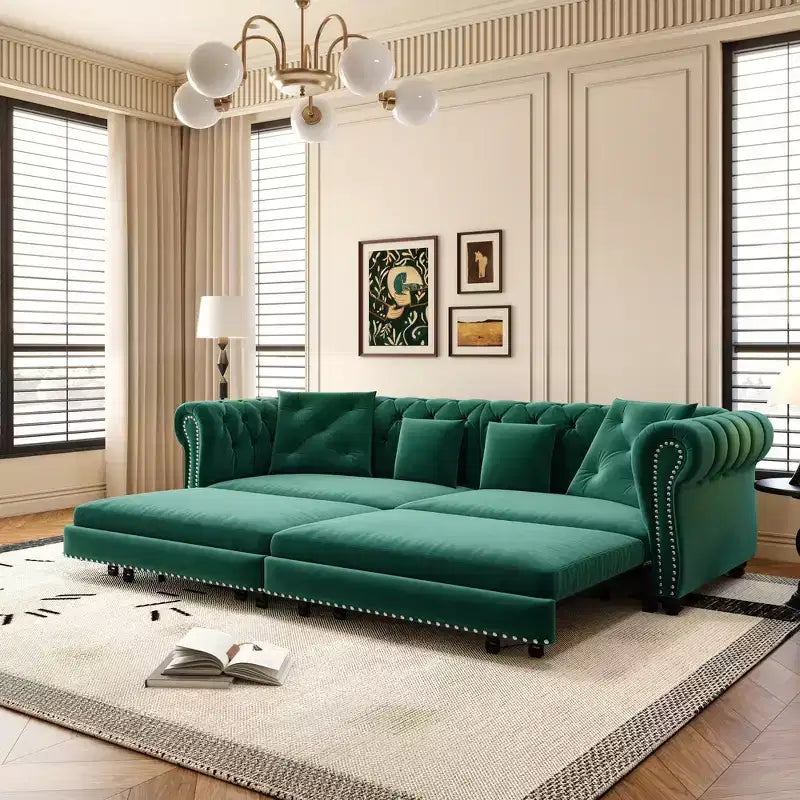 Whisen Schlafsofa aus Samt, 3-in-1, King Size, ausziehbar und umwandelbar, mit beweglichem Ottomanen, gestepptes Design