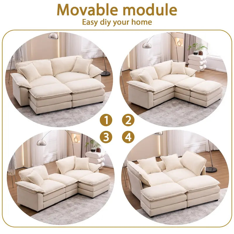 2-Sitzer-Sofa mit 2 Sitzkissen, 2 Kissen und 2 Hockern, bequemes Sofa - tiefes Sofa fürs Wohnzimmer, modulares Sofa