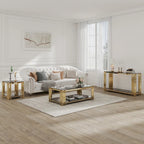 Smalle consoletafel met 2 niveaus, goudkleurig metalen frame en blad van gehard glas