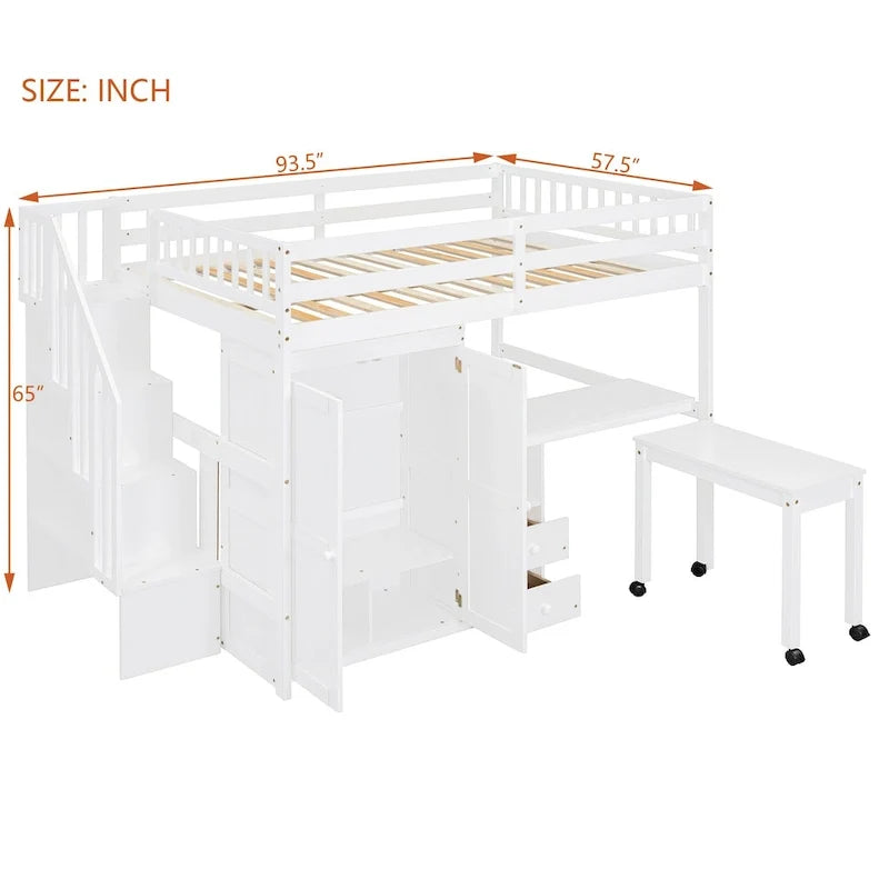 Lit mezzanine taille double avec escalier, bibliothèque, bureau et armoire - meuble multifonctionnel gain de place pour enfants et adolescents-Blanc