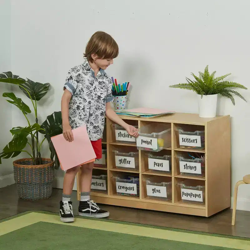 Mobiler Fächerschrank mit Tablettfächern und 15 Behältern mit Schaufelfront, 3x4, Kindermöbel
