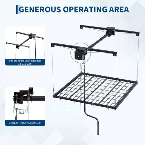 Adjustable Heavy-Duty Overhead Garage Storage Rack, Ceiling-Mounted with Safety Lock, 250 lb Capacity for Bins, Tools, Bikes, and Garage