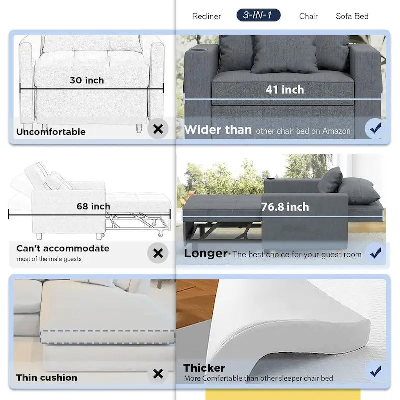 Verstelbare slaapstoel die in een bed kan worden veranderd, 3-in-1, verkrijgbaar in meerdere kleuren, geschikt voor 1 persoon