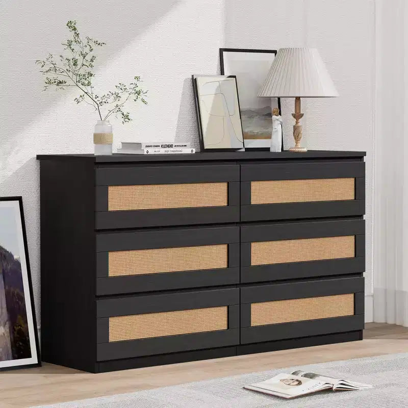 Rattan-Kommode fürs Schlafzimmer mit 6 Schubladen, 47 breite Kommode im modernen Landhausstil, Holz-Aufbewahrungsschrank und Organizer für Kleiderschrank, Wohnzimmer und Flur