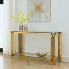 Smalle consoletafel met 2 niveaus, goudkleurig metalen frame en blad van gehard glas
