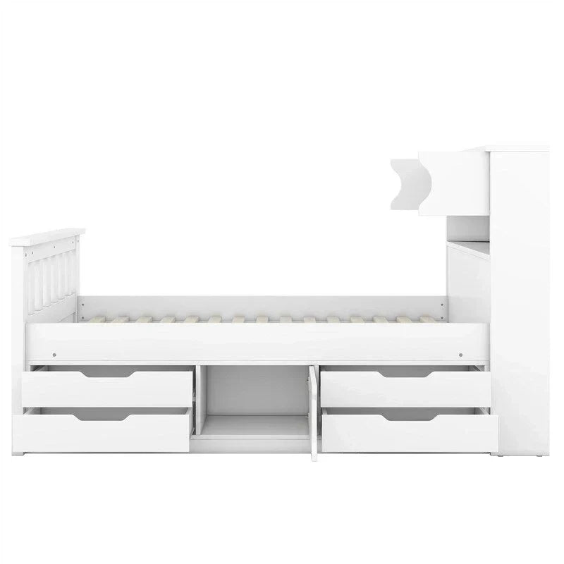 Lit plateforme capitaine une place/deux places avec 4 tiroirs et étagères de rangement, cadre en bois massif avec tête de lit bibliothèque et rangements