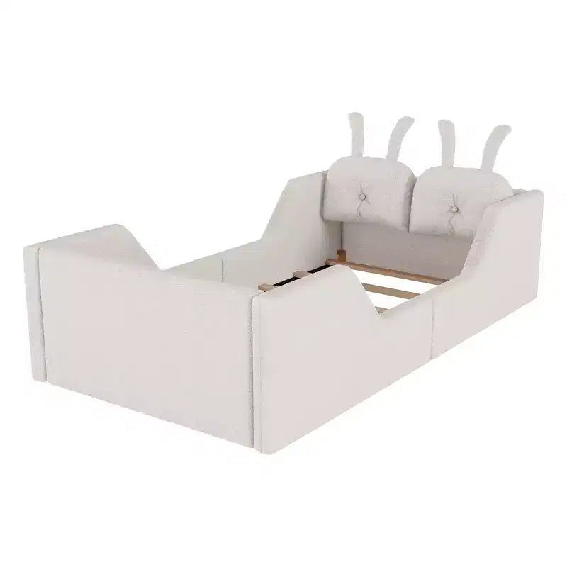 Whisen eenpersoonsbed met platform, gestoffeerd kinderbedframe voor op de vloer met konijnenkussen en afneembare zijhekken