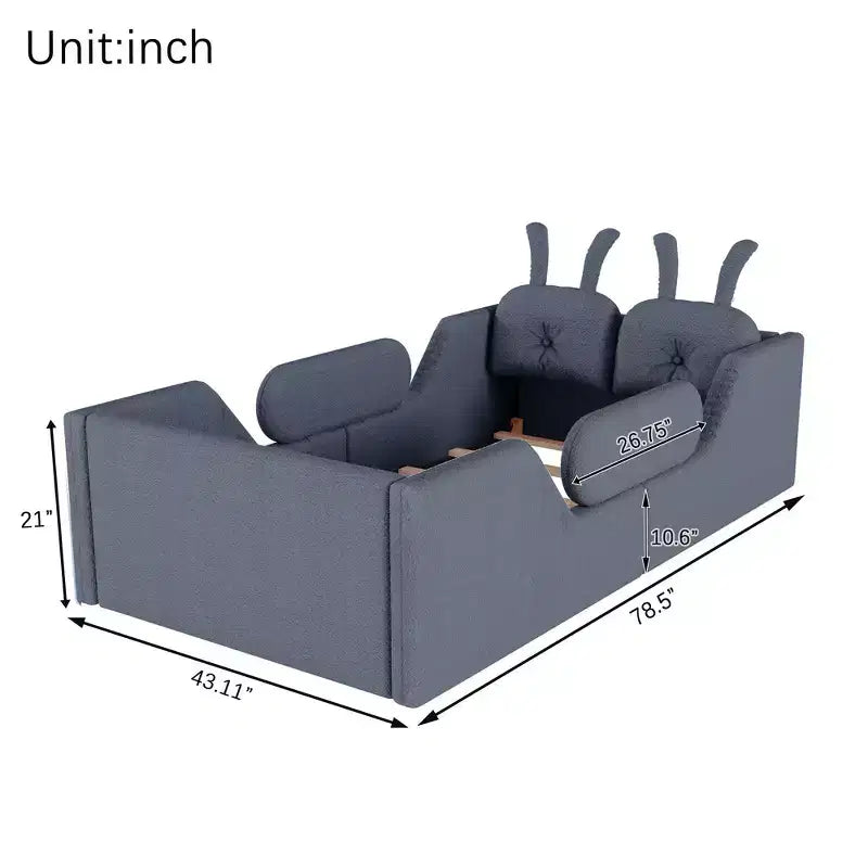 Whisen eenpersoonsbed met platform, gestoffeerd kinderbedframe voor op de vloer met konijnenkussen en afneembare zijhekken