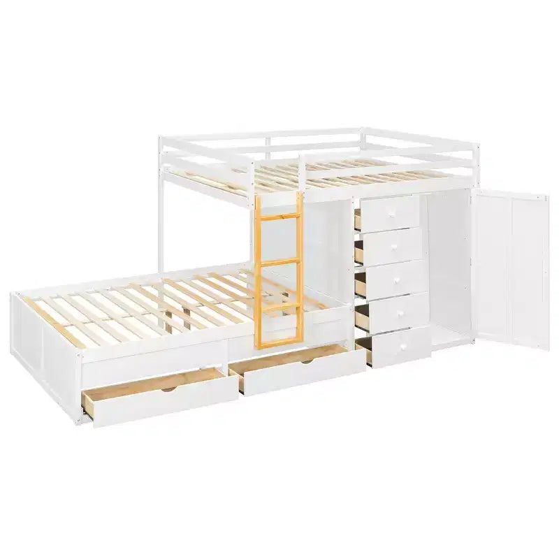 Etagenbett in Full-over-Full-Größe mit Kleiderschrank und Schubladen, platzsparendes Etagenbett aus Holz in Full-Größe mit Rausfallschutz für Wohnung und Schlafzimmer