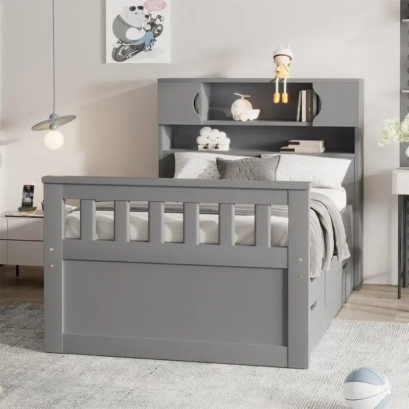 Lit plateforme capitaine une place/deux places avec 4 tiroirs et étagères de rangement, cadre en bois massif avec tête de lit bibliothèque et rangements