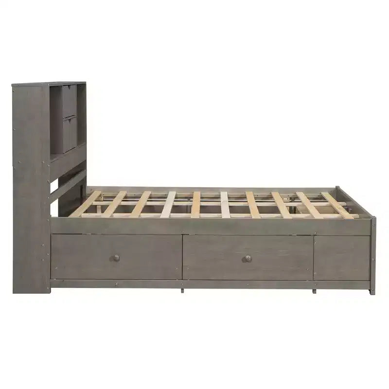 Cama de casal com estrado, prateleira de arrumação e 8 gavetas, fácil de montar