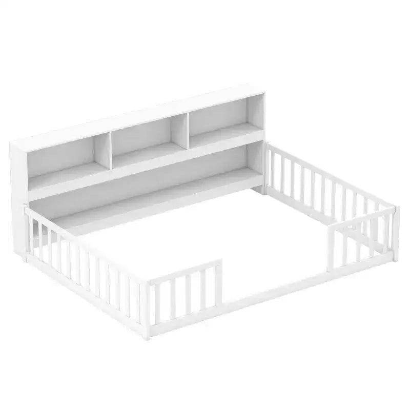 Letto Montessori a terra Twin/Full con libreria, ripiani contenitori e sponde di sicurezza, bianco/grigio