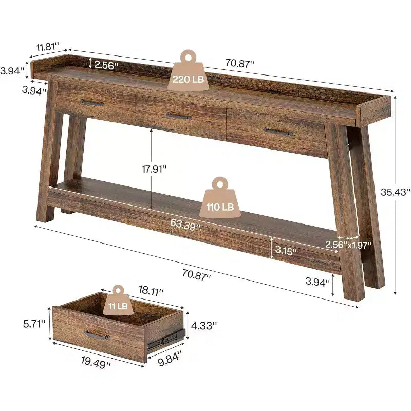 Lantine zitbanktafel met 2 niveaus en 3 laden, consoletafel van 70.9 met opstaande rand en opbergplanken voor de woonkamer, hal of entree