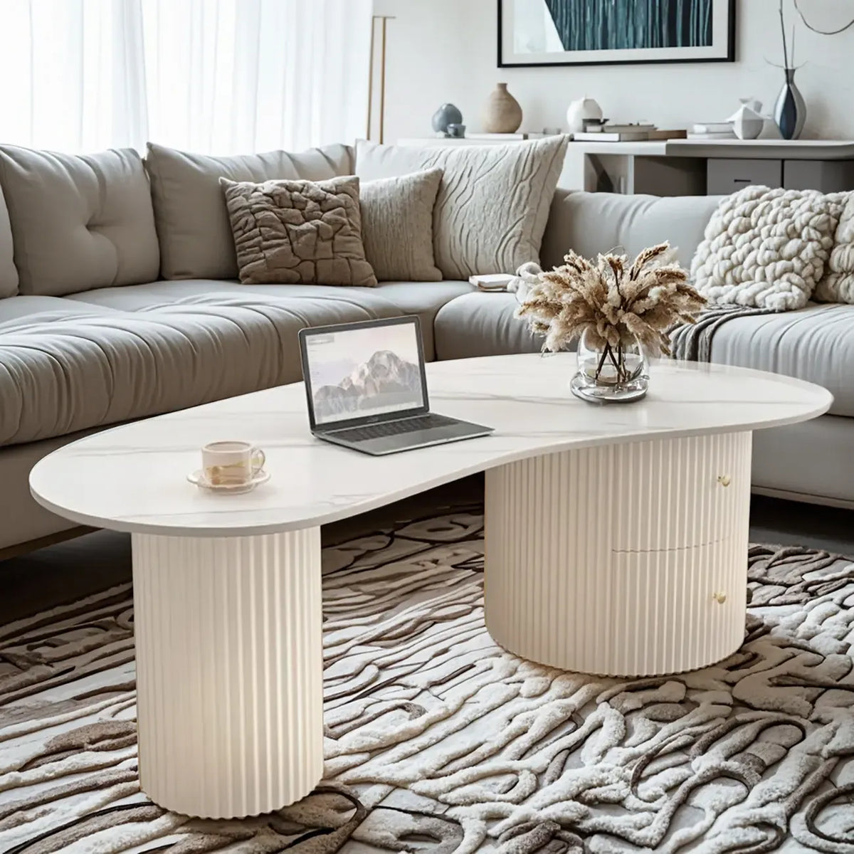 Minimalistische standaard witte ovale salontafel met 2 laden