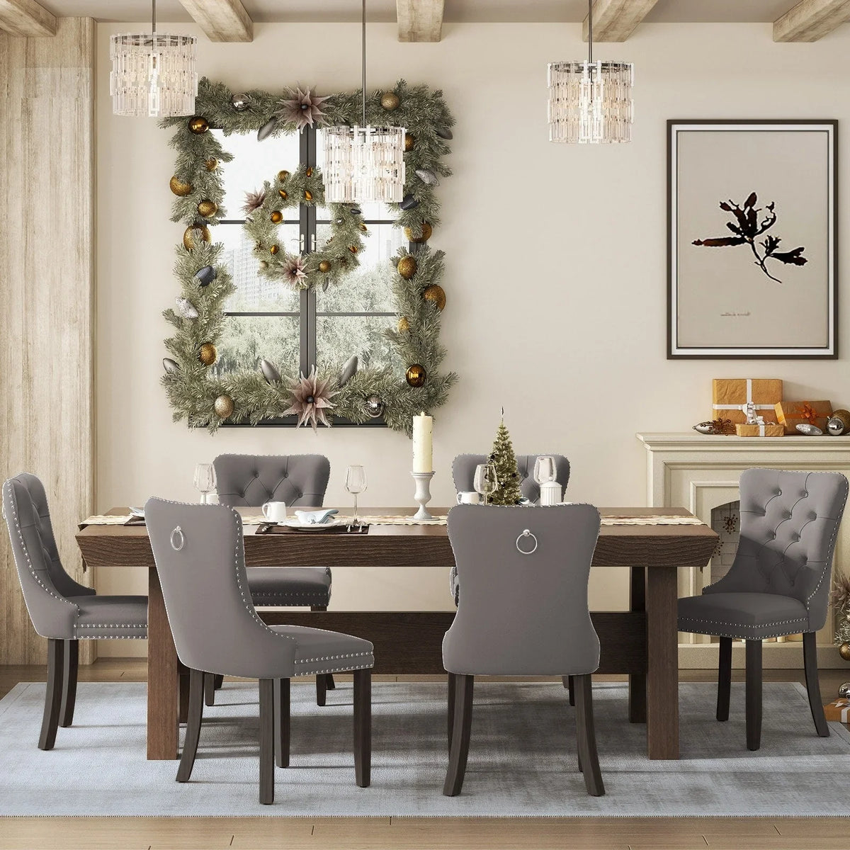 Upholstered Tufted Velvet Dining Chair with Solid Wood Legs Set of 6