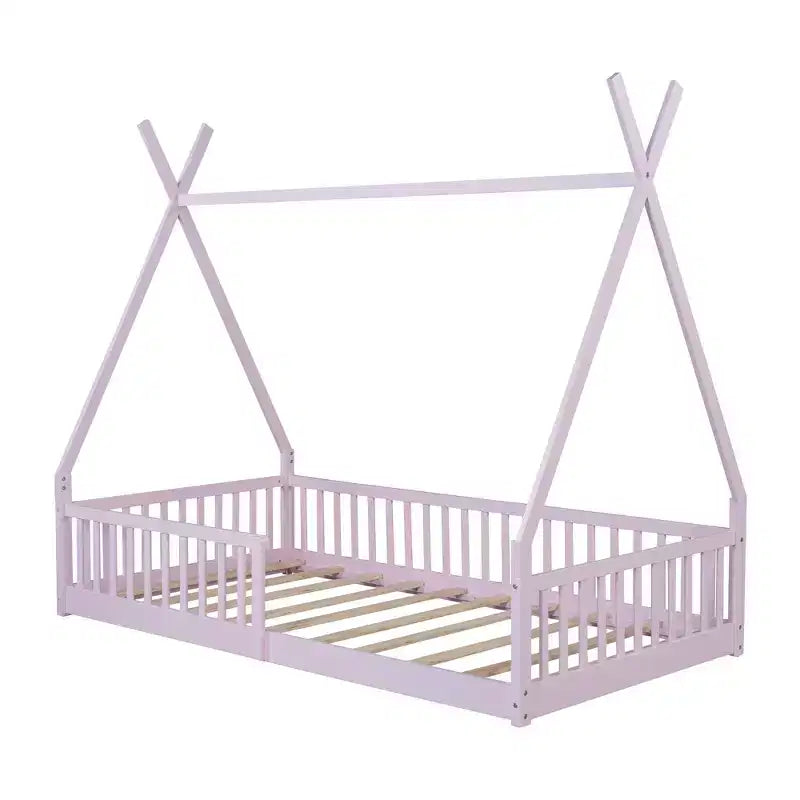 Kinder-Bodenbett, Zeltbett in Einzelbettgröße, Montessori-Bodenbett mit Lattenrost und Schutzgittern, Bettrahmen aus Holz in Hausform für Jungen und Mädchen