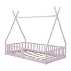 Kinder-Bodenbett, Zeltbett in Einzelbettgröße, Montessori-Bodenbett mit Lattenrost und Schutzgittern, Bettrahmen aus Holz in Hausform für Jungen und Mädchen