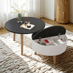 Moderne ronde houten salontafel in zwart-wit met opbergruimte