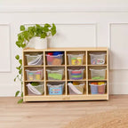Mobiler Fächerschrank mit Tablettfächern und 15 Behältern mit Schaufelfront, 3x4, Kindermöbel