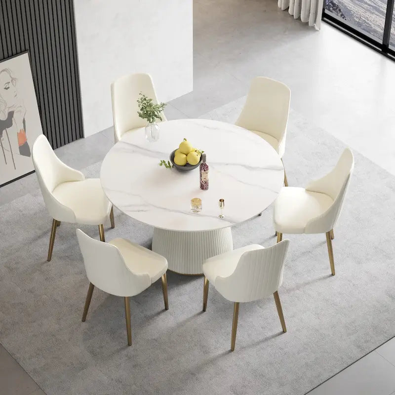 Table ronde de salle à manger de 53 pour 6 personnes, avec plateau en pierre frittée et plateau tournant