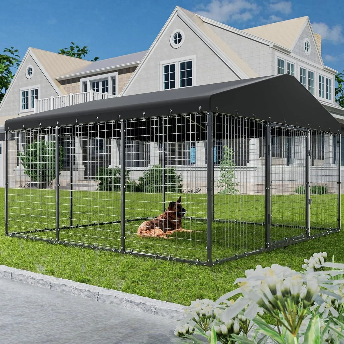 W 118 x D 118 x H 70 Große Hundezwinger für draußen, robuster Hundekäfig mit wasserdichtem Dach
