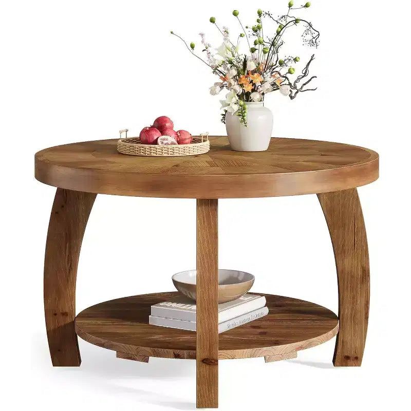 Lantine ronde salontafel van massief hout, bijzettafel met 2 niveaus en opbergruimte, tafelblad van 31.5 inch met mozaïekpatroon, eenvoudig te monteren, voor de woonkamer, bruin