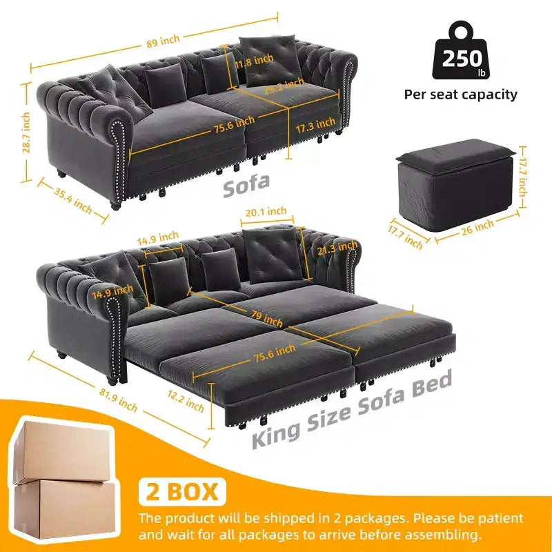 Whisen Schlafsofa aus Samt, 3-in-1, King Size, ausziehbar und umwandelbar, mit beweglichem Ottomanen, gestepptes Design
