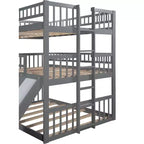 Dreifach-Etagenbett mit zwei Doppelbetten, umbaubarer Leiter und Rutsche, mit Schutzgittern, Weiß/Grau/Espresso - ModernLuxe
