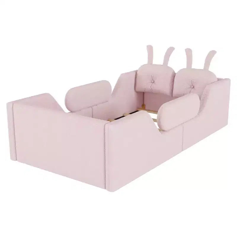 Whisen eenpersoonsbed met platform, gestoffeerd kinderbedframe voor op de vloer met konijnenkussen en afneembare zijhekken