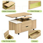 Table basse moderne multifonctionnelle à plateau relevable avec rangement caché, 4 tabourets et roulettes, idéale pour les espaces de vie modernes
