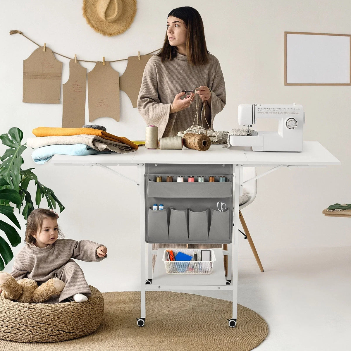 Table d’activités réglable en hauteur avec étagères de rangement, table de découpe pliante et mobile pour bureau à domicile, couture ou loisirs créatifs