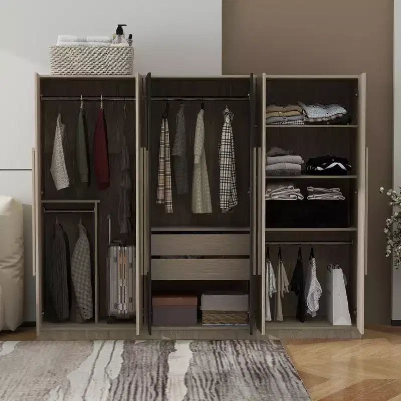Kledingkast van 83W met 6 deuren, 2 laden, hangroedes en opbergplanken, zwart+naturel-ModernLuxe