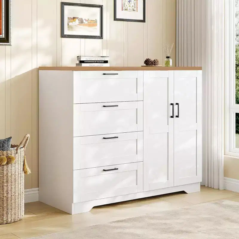 Holzkleiderschrank, 43.3 H hoch, mit 4 Schubladen und Kleiderstange, vielseitiger Kleiderschrank mit Kommode fürs Schlafzimmer