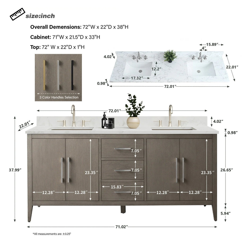 Vanity Art badkamermeubel van 72 met dubbele wastafel en een blad van kunstmarmer