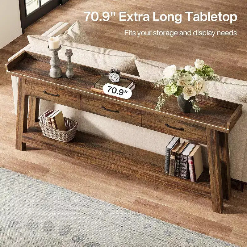 Lantine zitbanktafel met 2 niveaus en 3 laden, consoletafel van 70.9 met opstaande rand en opbergplanken voor de woonkamer, hal of entree