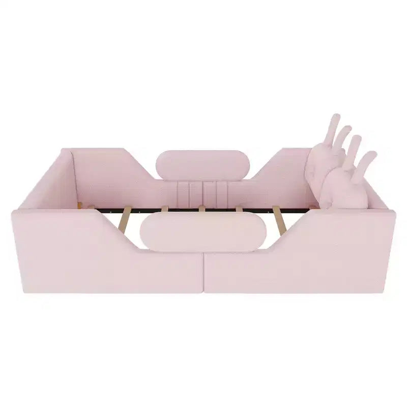 Whisen eenpersoonsbed met platform, gestoffeerd kinderbedframe voor op de vloer met konijnenkussen en afneembare zijhekken