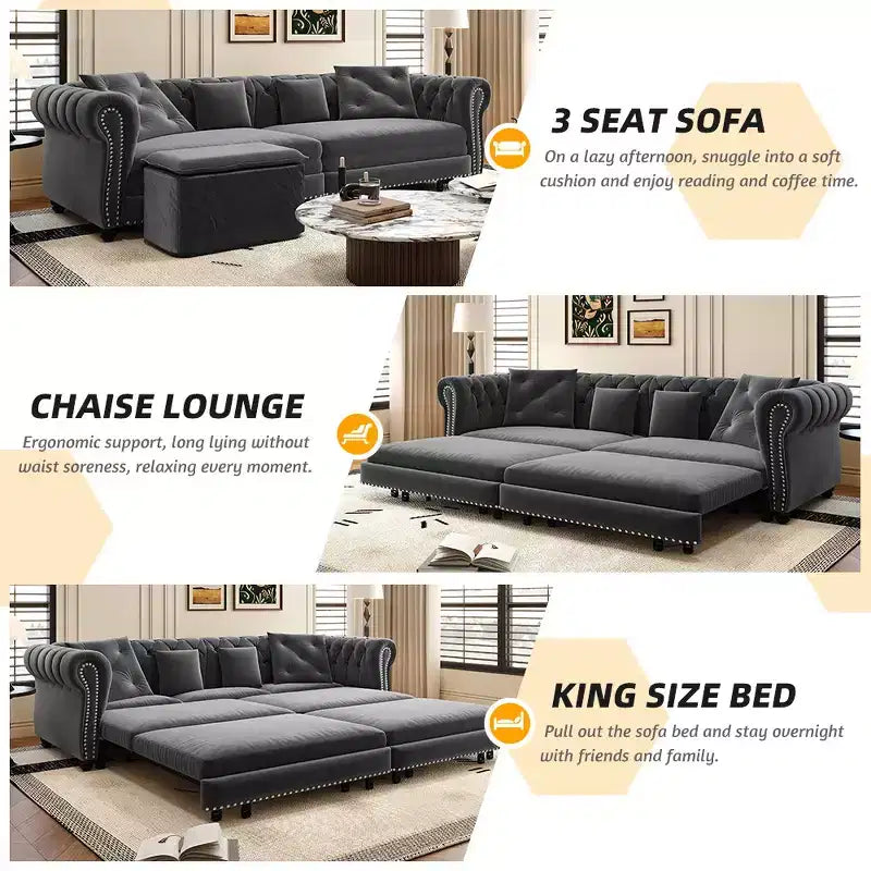 Whisen Schlafsofa aus Samt, 3-in-1, King Size, ausziehbar und umwandelbar, mit beweglichem Ottomanen, gestepptes Design