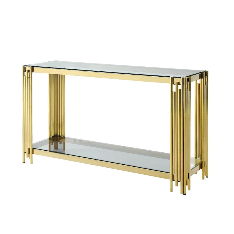 Smalle consoletafel met 2 niveaus, goudkleurig metalen frame en blad van gehard glas