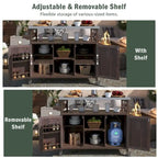 Îlot de cuisine d’extérieur, chariot de bar roulant et meuble de rangement, table de barbecue en bois massif avec plateau en acier inoxydable, porte-épices, porte-serviettes