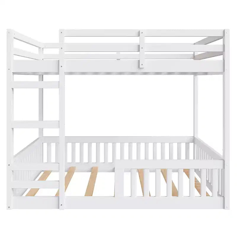 Letto a castello in legno a due piazze con scala e sponde di protezione, letto a castello basso a due piazze con supporto a doghe