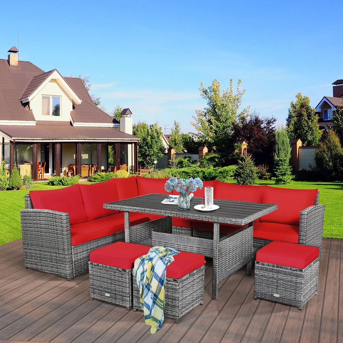 Costway 7-teiliges Ess-Set aus Polyrattan für die Terrasse mit Ecksofa und Hocker - Details ansehen