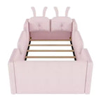 Whisen eenpersoonsbed met platform, gestoffeerd kinderbedframe voor op de vloer met konijnenkussen en afneembare zijhekken
