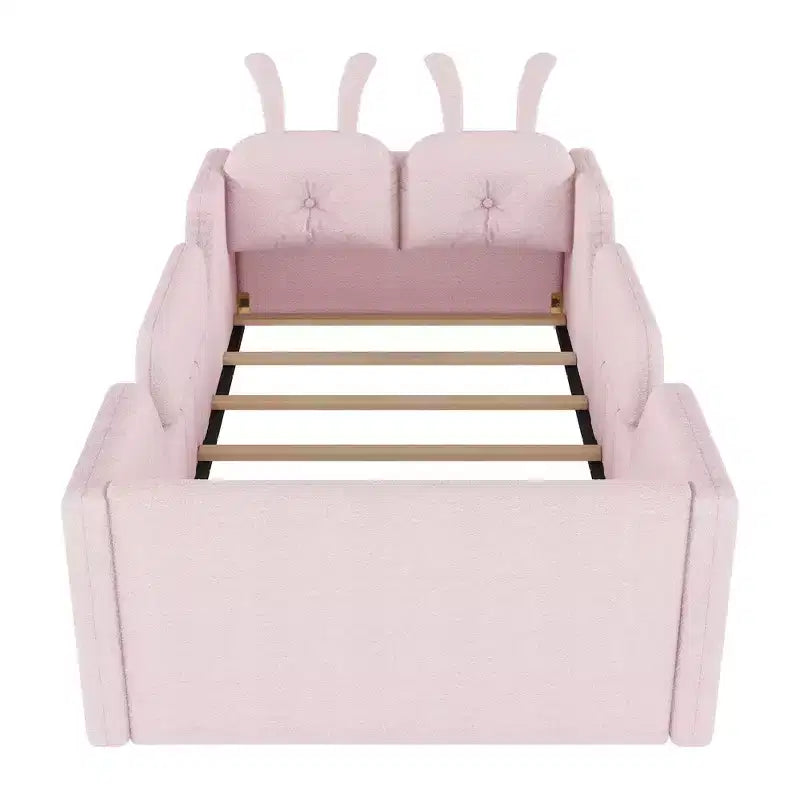 Whisen eenpersoonsbed met platform, gestoffeerd kinderbedframe voor op de vloer met konijnenkussen en afneembare zijhekken