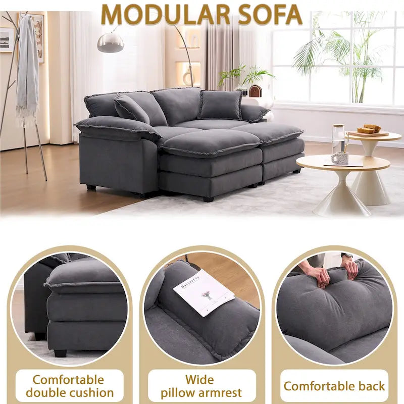 2-Sitzer-Sofa mit 2 Sitzkissen, 2 Kissen und 2 Hockern, bequemes Sofa - tiefes Sofa fürs Wohnzimmer, modulares Sofa