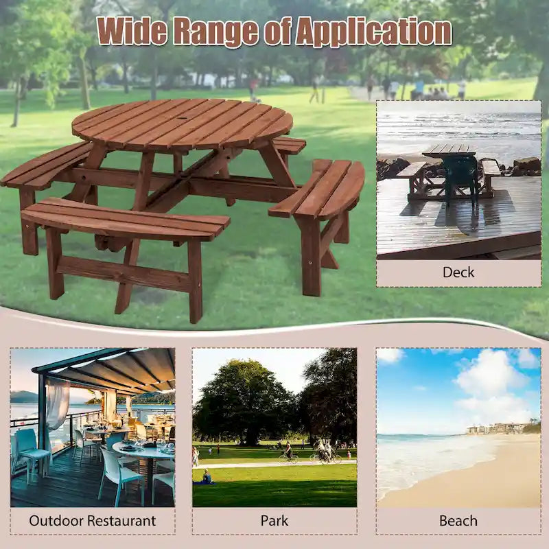 Set da picnic rotondo da esterno per 8 persone in legno di abete, con 4 panche integrate e foro per ombrellone