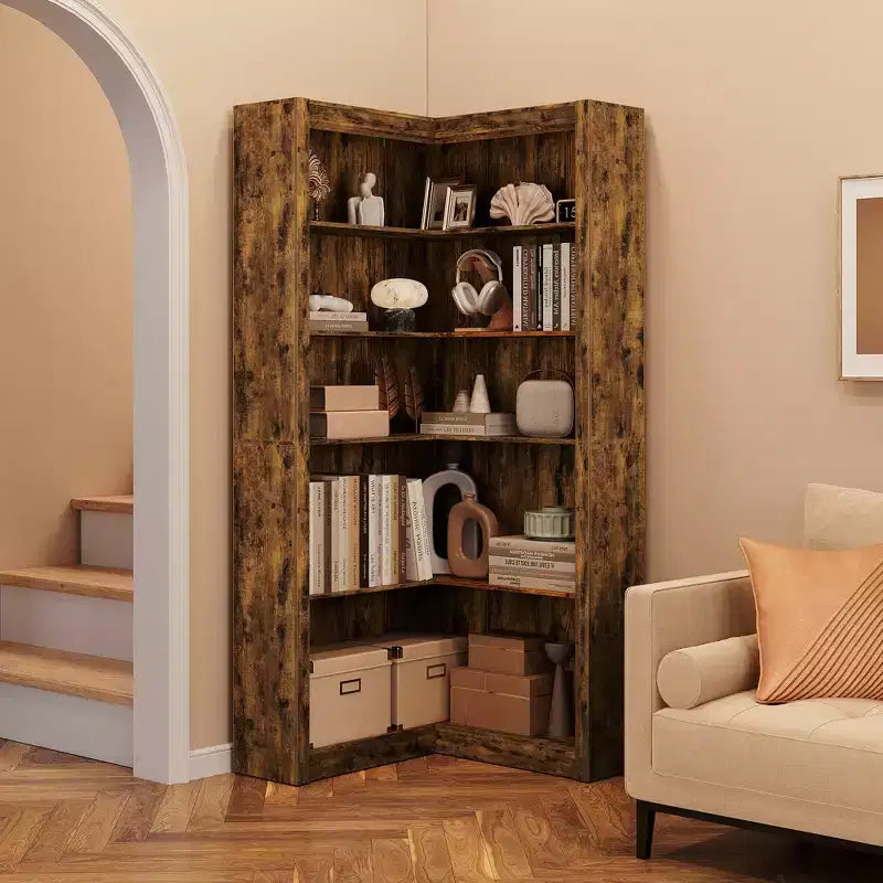 Nero/Bianco/Legno/Retrò, libreria angolare a L, a 5 ripiani, singola