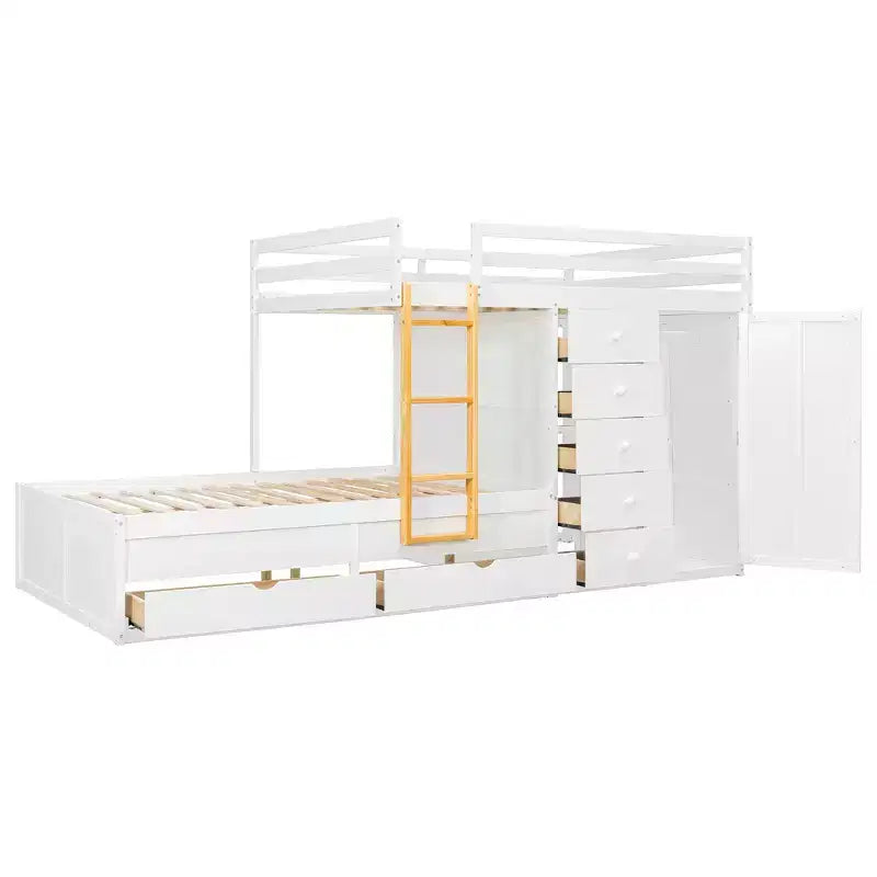 Etagenbett in Full-over-Full-Größe mit Kleiderschrank und Schubladen, platzsparendes Etagenbett aus Holz in Full-Größe mit Rausfallschutz für Wohnung und Schlafzimmer