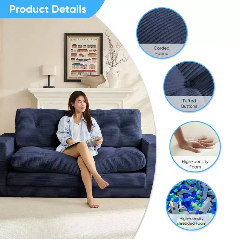 Rozkładana sofa-futon Mjkone 2 w 1 o szerokości 71', tapicerowana tkaniną sztruksową, z pikowanymi guzikami, dwuosobowa sofa z funkcją spania, oszczędzająca miejsce