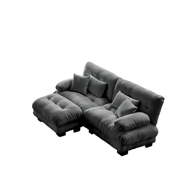 Narożna sofa dwuosobowa w kształcie litery L z tapicerką chenille i poduszkami lędźwiowymi
